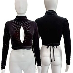 Open Edit Black Velour Mock Neck Long Sleeve Top Size XS Peekaboo Keyhole Tie
